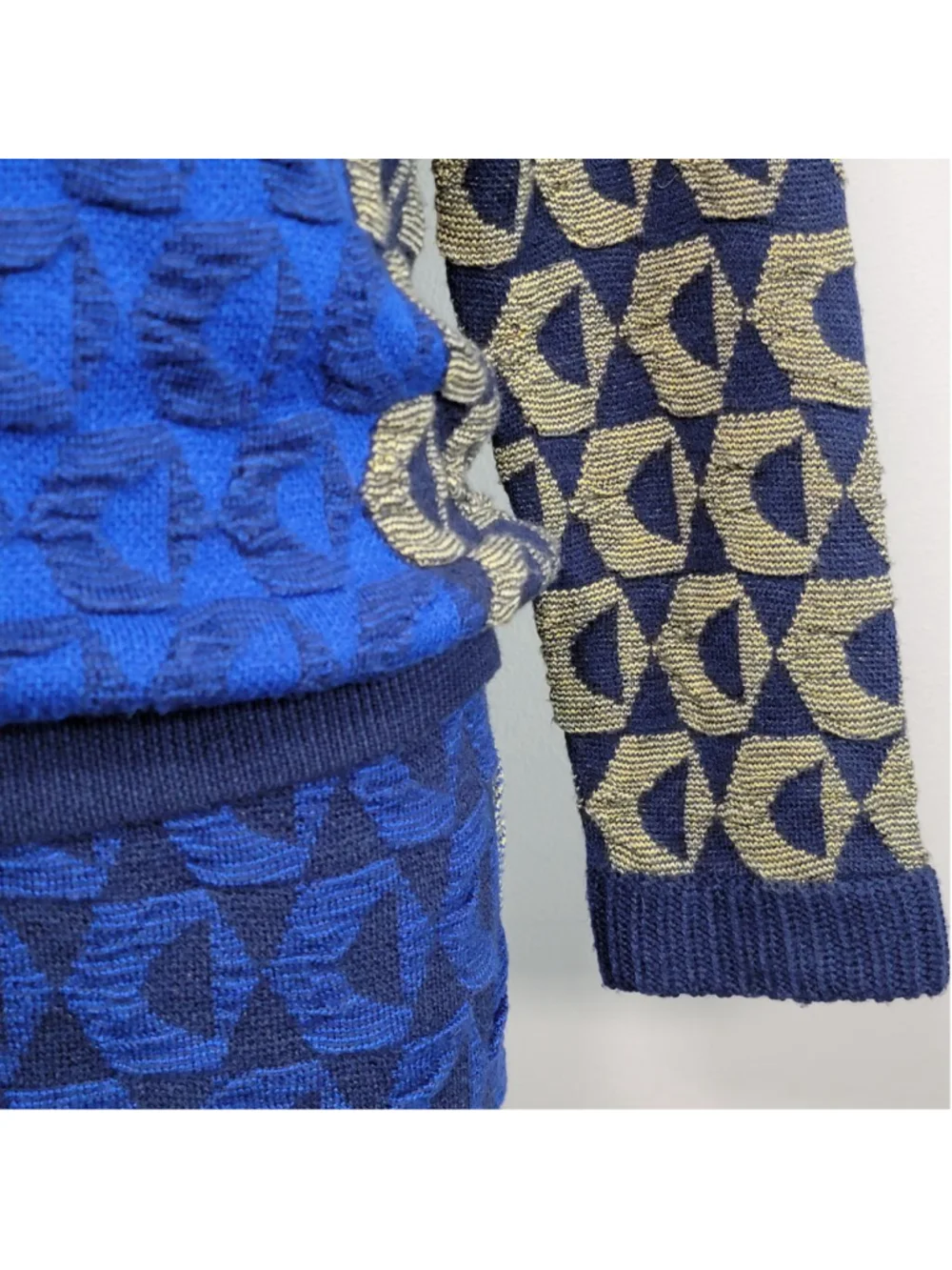 Kerisma Knit Crew Neck Sweater Pencil Midi Skirt Matching Set Blue Geometric S